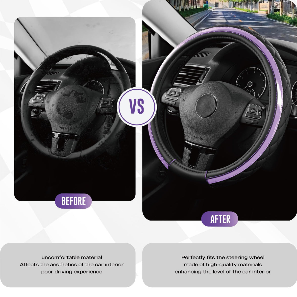 Road Comforts side profile fitted on a steering wheel demonstrating secure, anti-slip fit