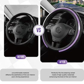 Road Comforts side profile fitted on a steering wheel demonstrating secure, anti-slip fit