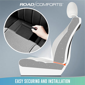 Road Comforts seat cover size comparison showing scale with child seat