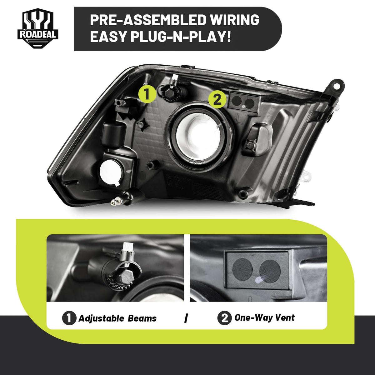 ROADEAL headlight installed on Dodge Ram demonstrating factory alignment