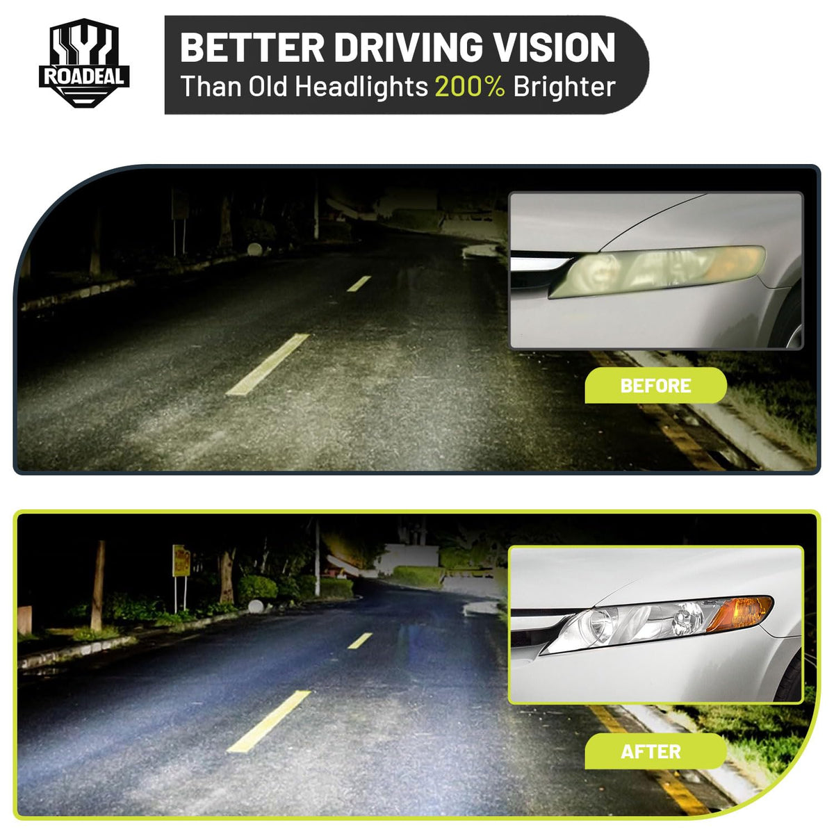 ROADEAL night beam pattern on road demonstrating brighter, focused illumination
