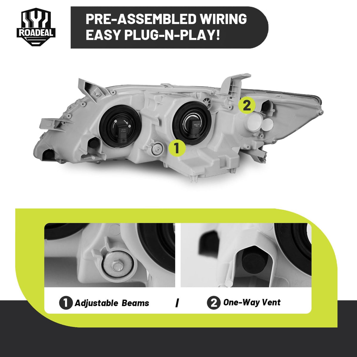 ROADEAL installed on Camry driver side showing direct-fit replacement benefit