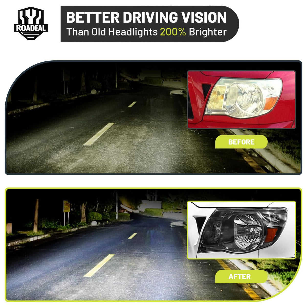 ROADEAL lens detail showing UV coating that prevents yellowing and extends life