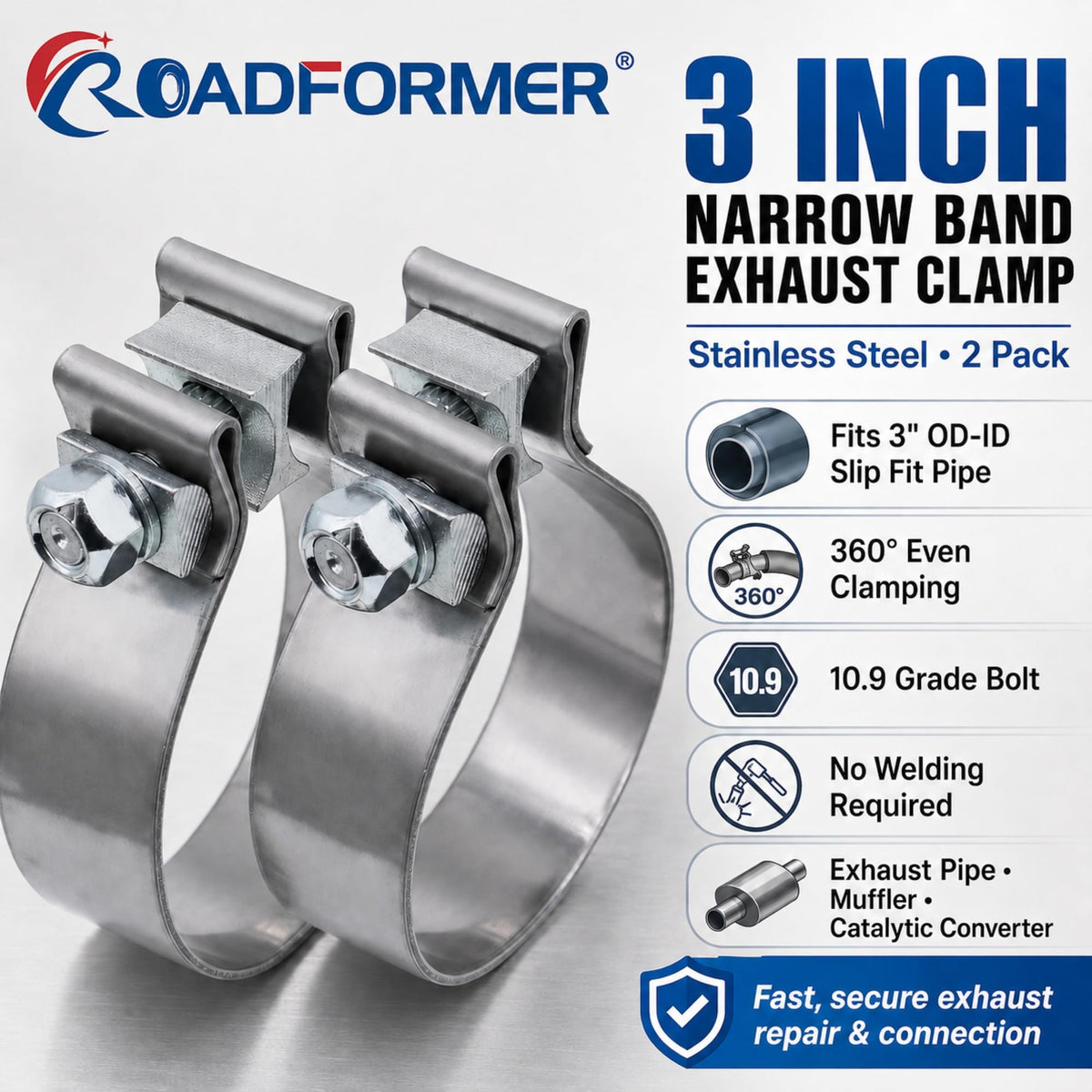 ROADFORMER clamp installed on exhaust pipe demonstrating secure seal