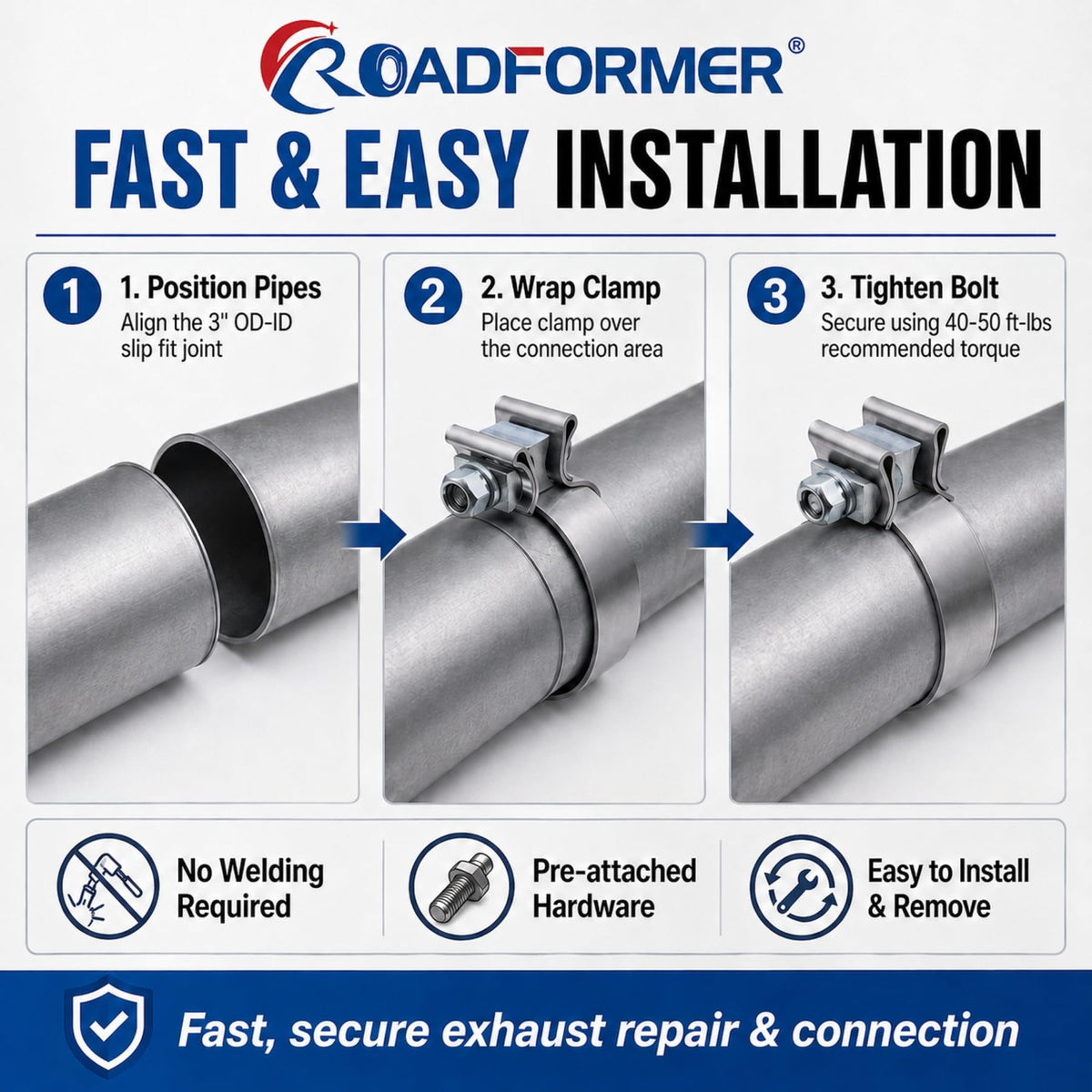 ROADFORMER clamp installed on muffler inlet demonstrating secure leak prevention