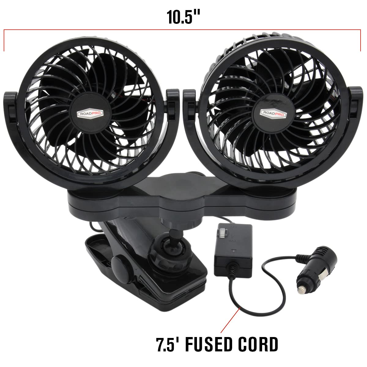 RoadPro heavy-duty clip detail securing fan, providing stable mounting