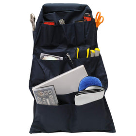 RoadPro front view of seat organizer shows pockets and blue color for neat storage