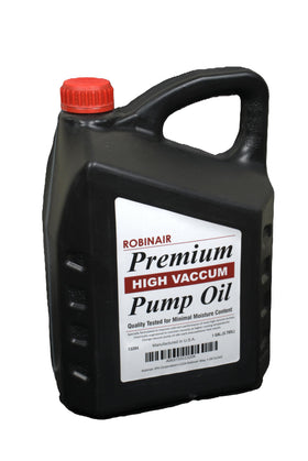 Robinair front label on one-gallon pump oil bottle showing brand and clear identification benefit