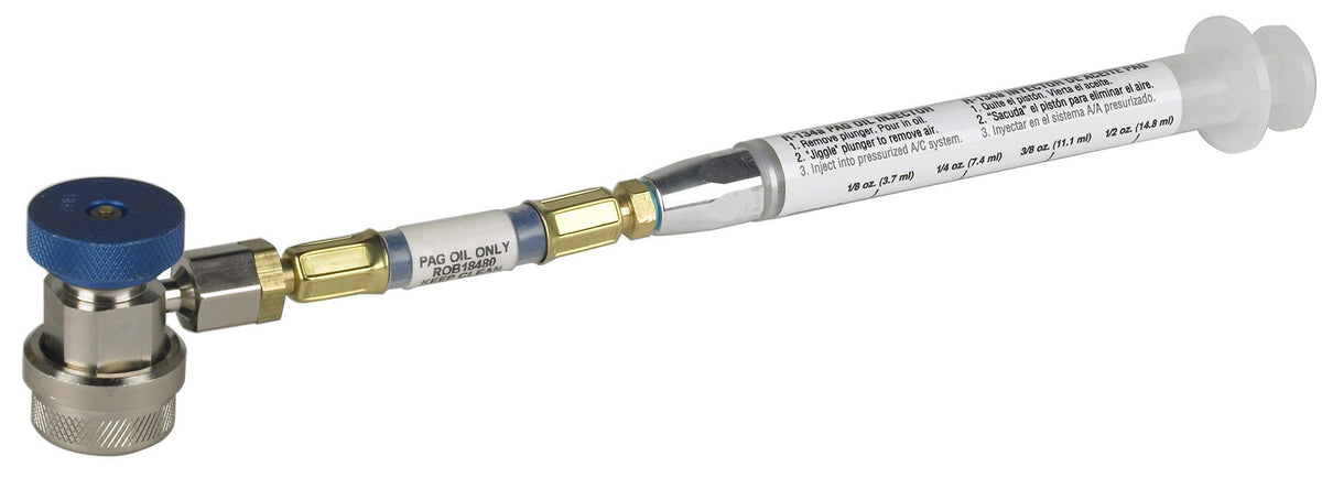 Robinair 18480 front view showing coupler and syringe for quick precise oil injection