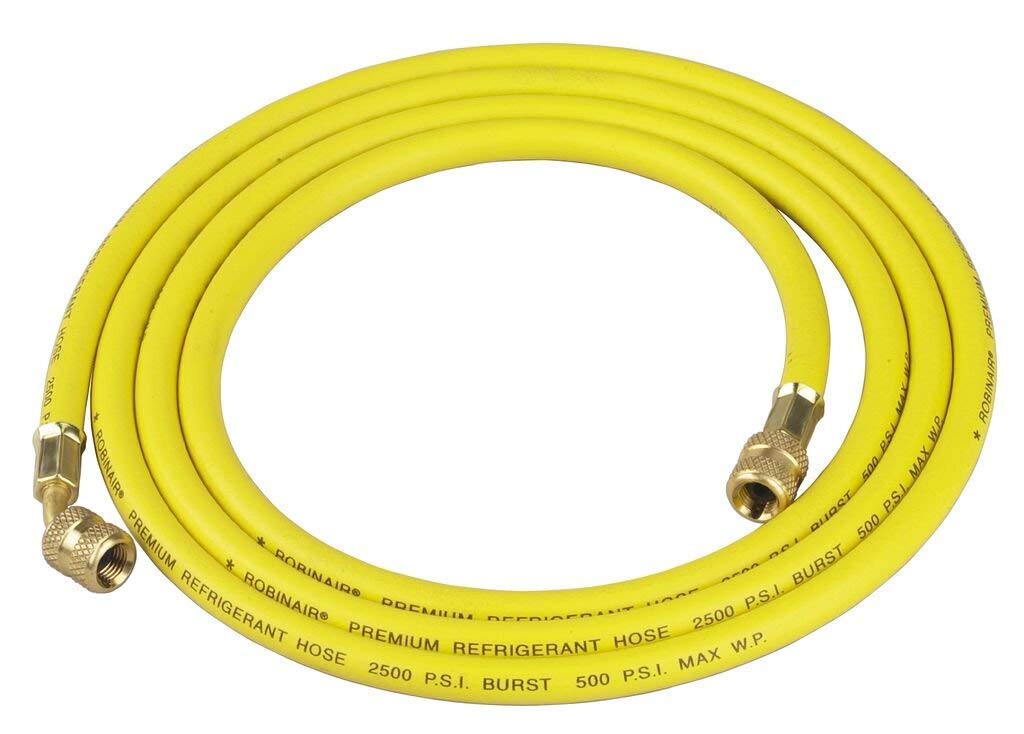 Robinair 31096 yellow 96-inch hose front view showing flare fittings and valve core depressor for reliable service