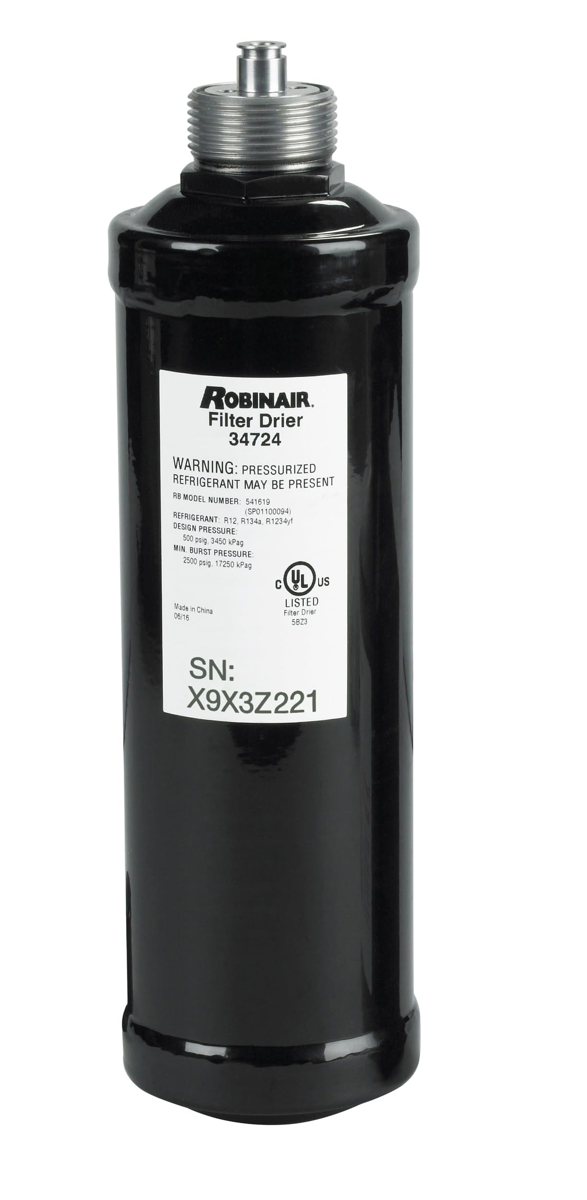Robinair 34724 front view showing compact spin-on design and durable finish