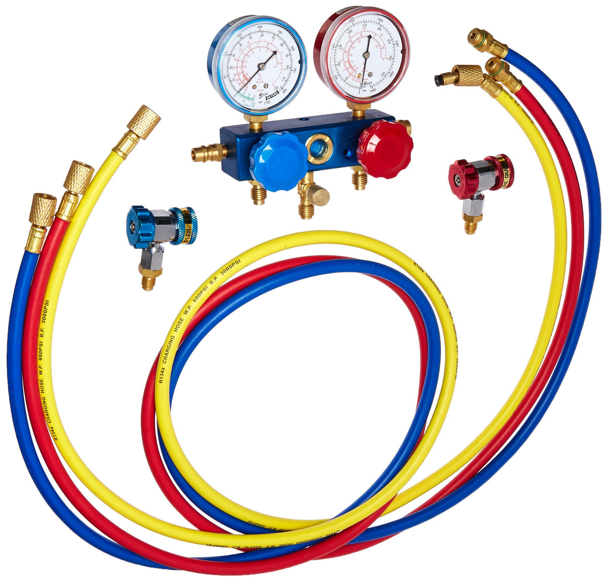 Robinair manifold front view with gauges and case showing organized kit and quick identification