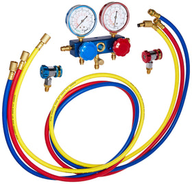 Robinair manifold front view with gauges and case showing organized kit and quick identification