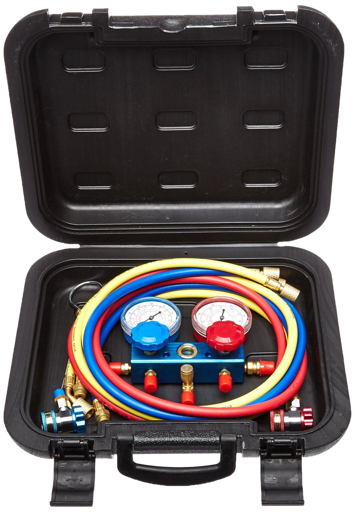Robinair closeup of hose and 90-degree coupler highlighting durable fittings and easier access