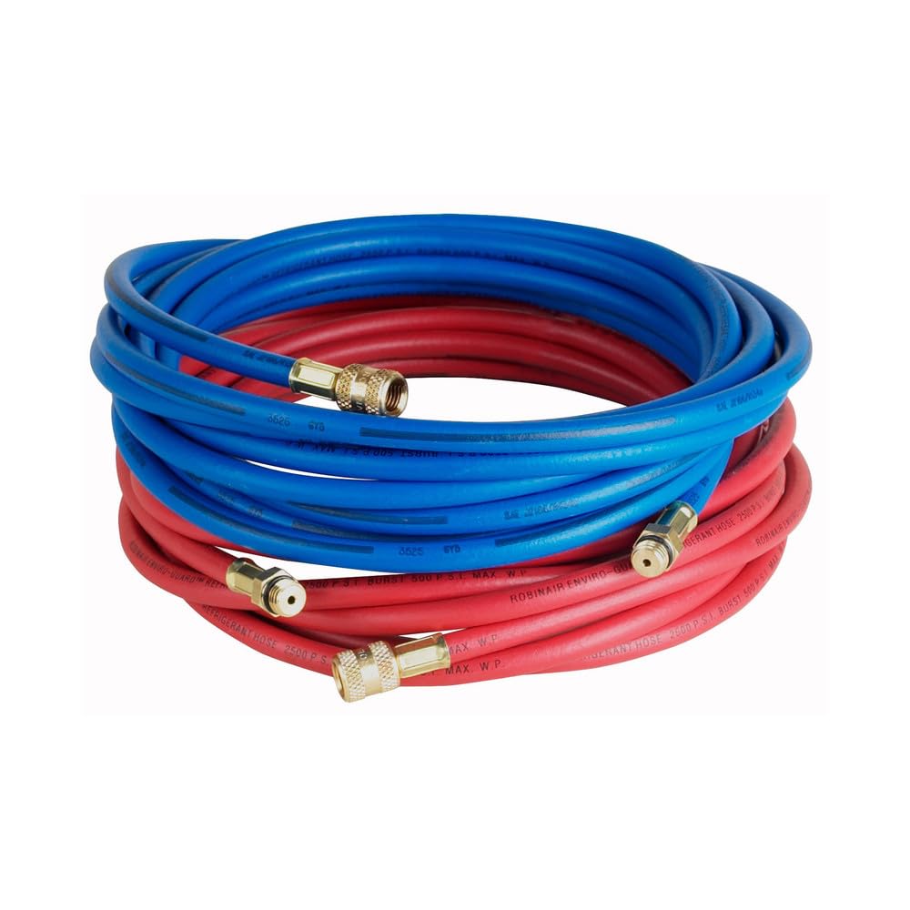 Robinair red and blue hoses front view showing durable fittings and clear R-134a marking