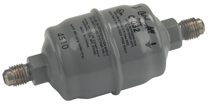 Robinair filter-drier front view showing 1/4" MFL fittings and protection benefit