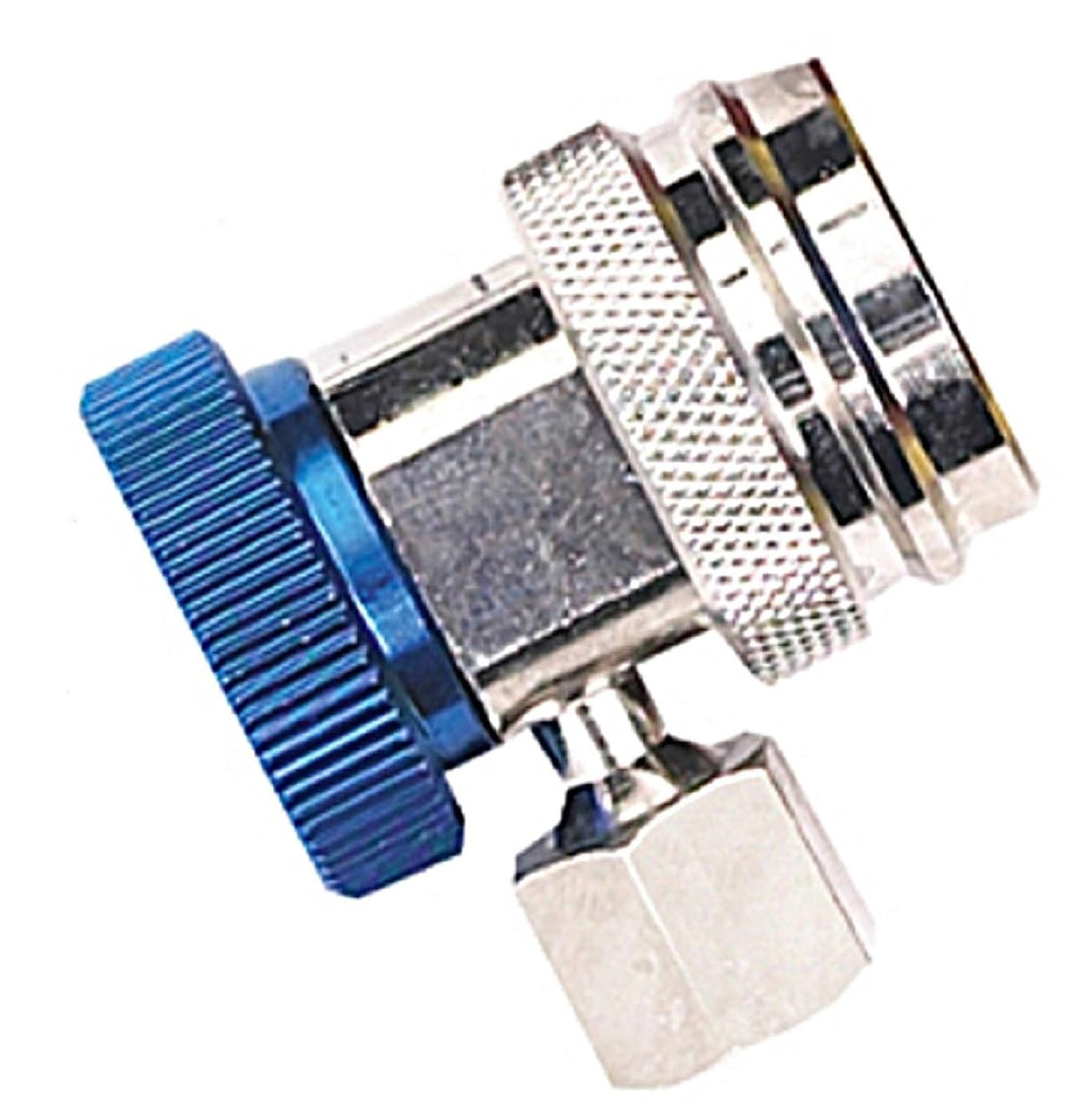 Robinair low-side coupler front view showing compact design for tight spaces