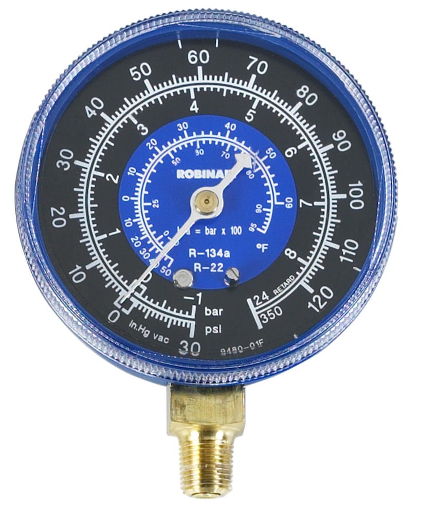 Robinair gauge front view showing clear dial for fast accurate pressure readings