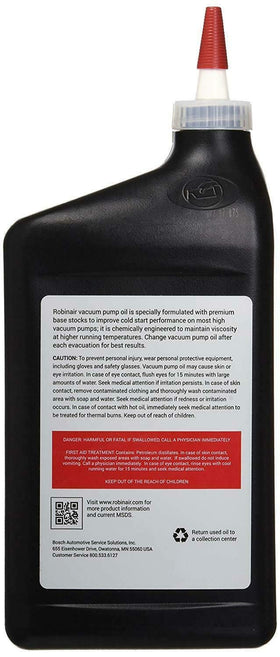 Close-up of Robinair oil pouring illustrating clean flow and low moisture