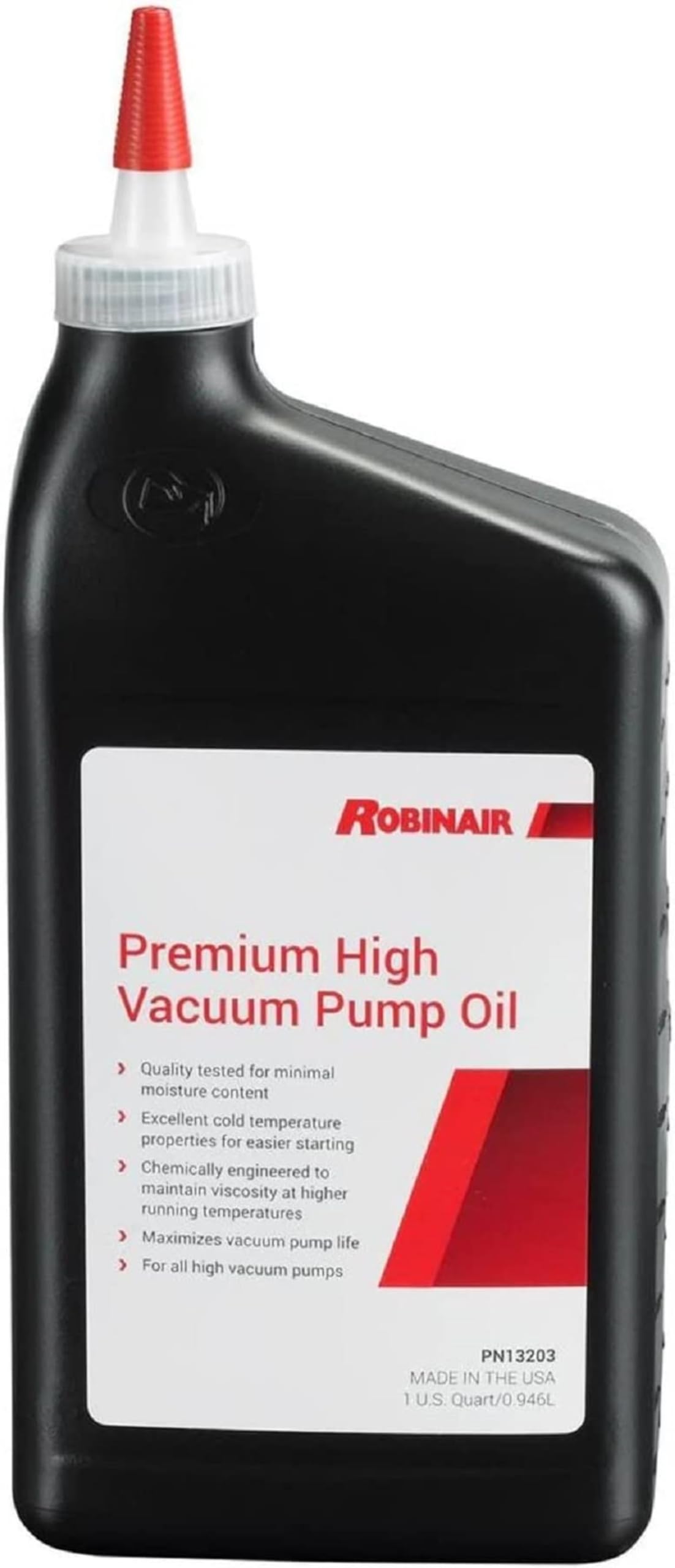 Robinair quart bottle front view showing label and purity for reliable pump performance