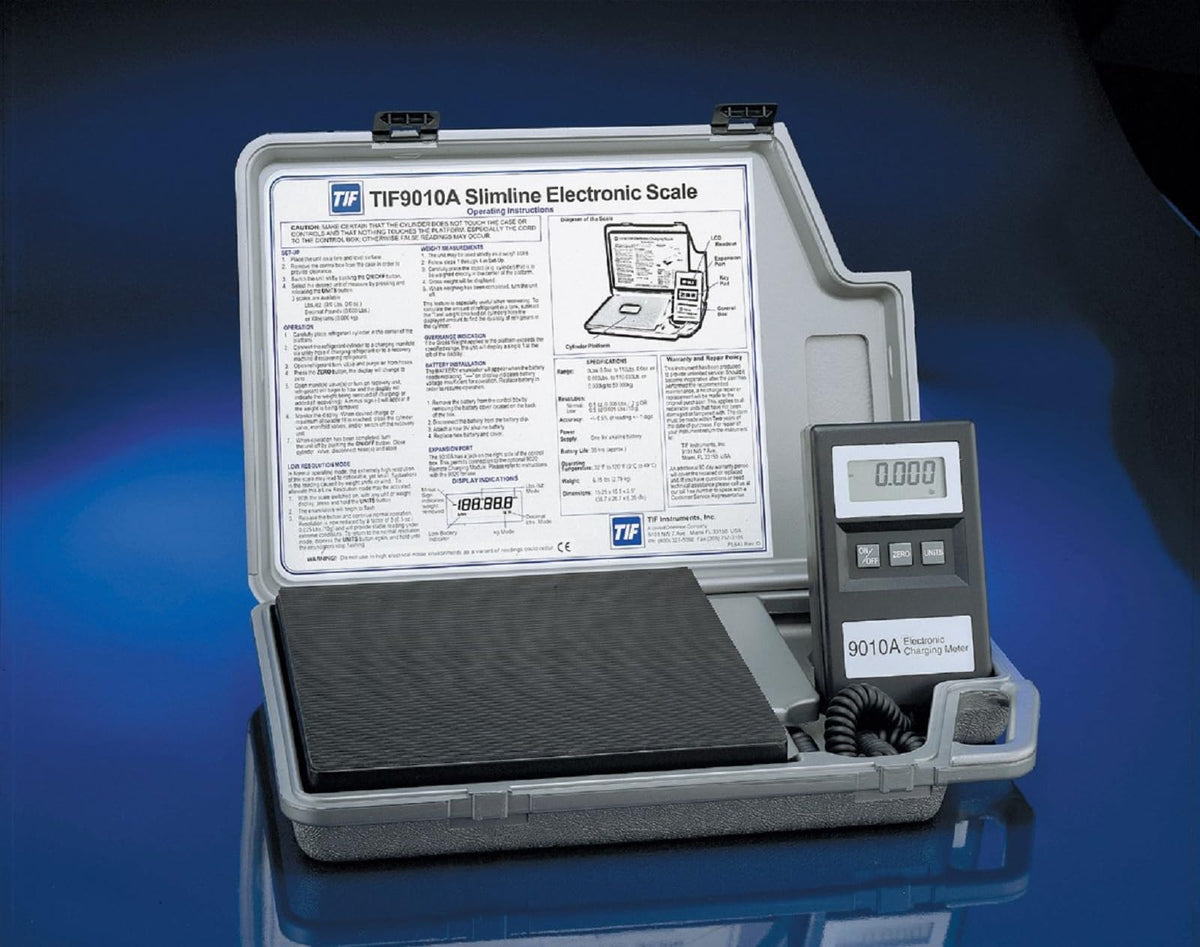 Robinair scale in use under cylinder during refrigerant charging for accuracy benefit
