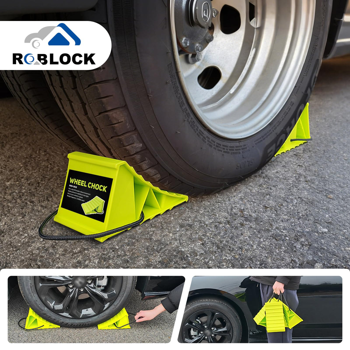ROBLOCK chock on asphalt and gravel illustrating effective grip on different surfaces
