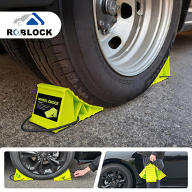 ROBLOCK chock on asphalt and gravel illustrating effective grip on different surfaces