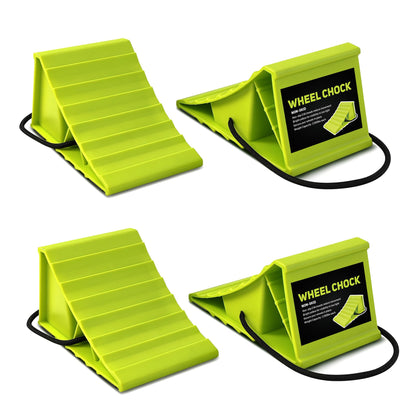 ROBLOCK front view of four green wheel chocks showing compact set — fast identification