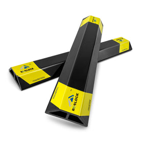 ROBLOK front view of two 18-inch car stoppers showing compact design and safety stripes