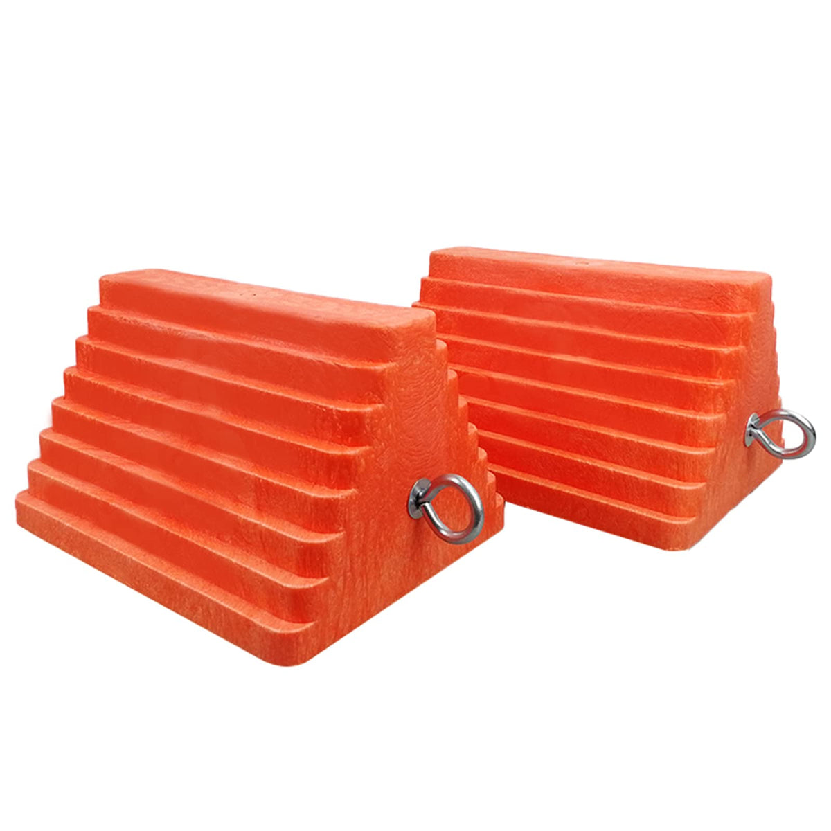 ROBLOK front view of two orange chocks showing shape and size, improves safety