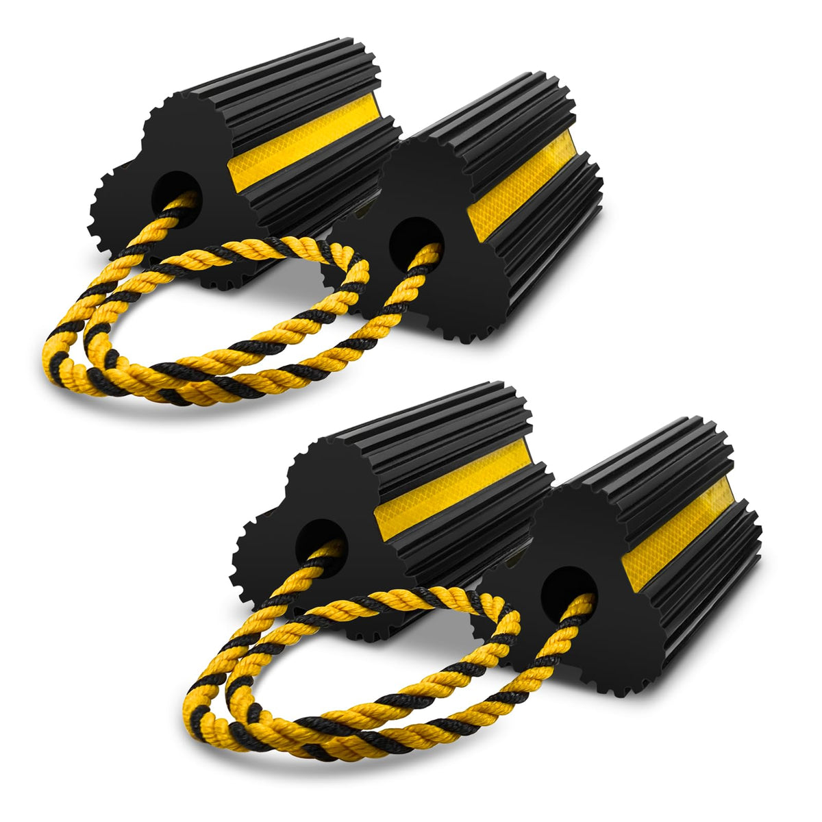ROBLOck front view of four chocks showing robust design and visible tape for safety
