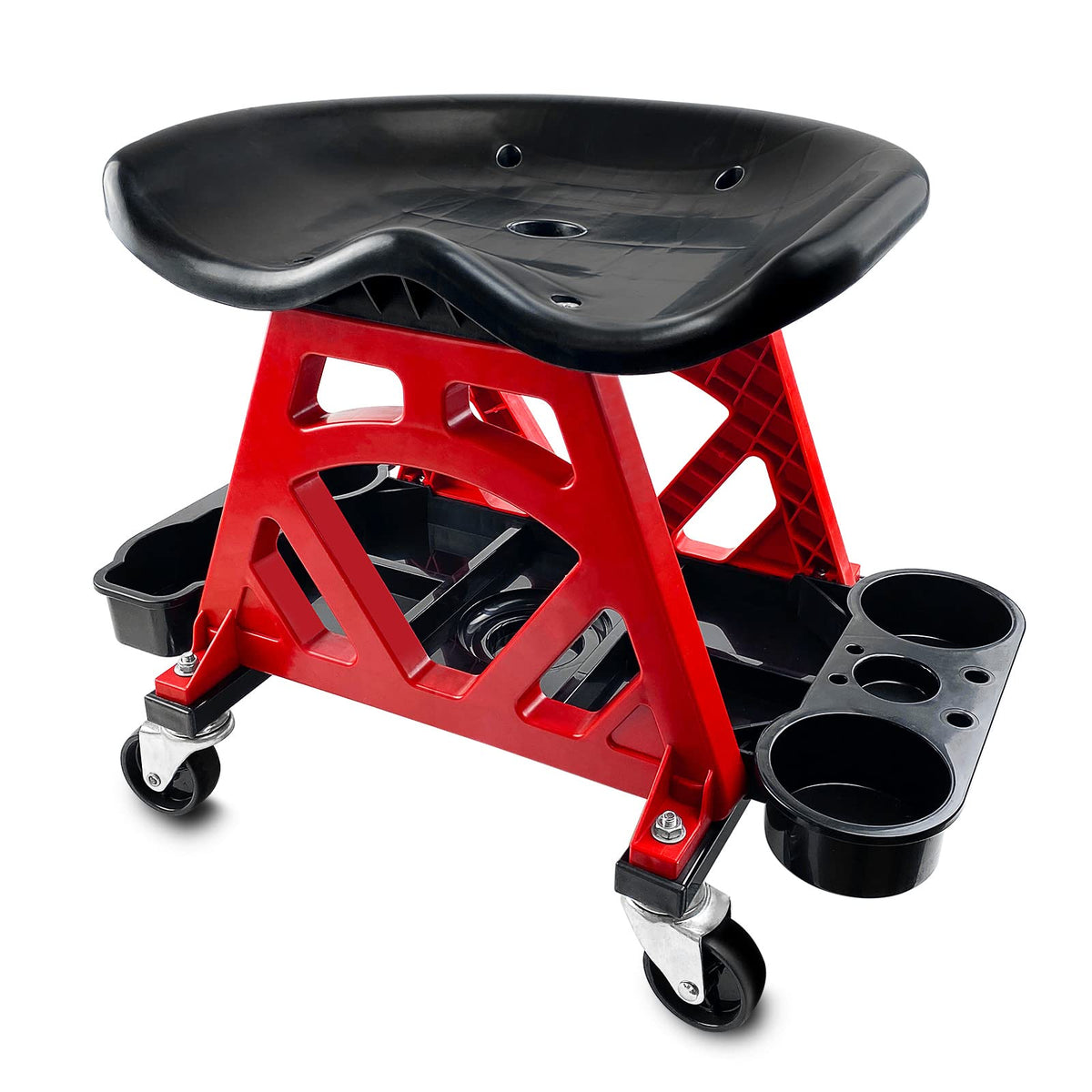 ROBLOCK front view of mechanic stool showing stable base and tool tray for organized work