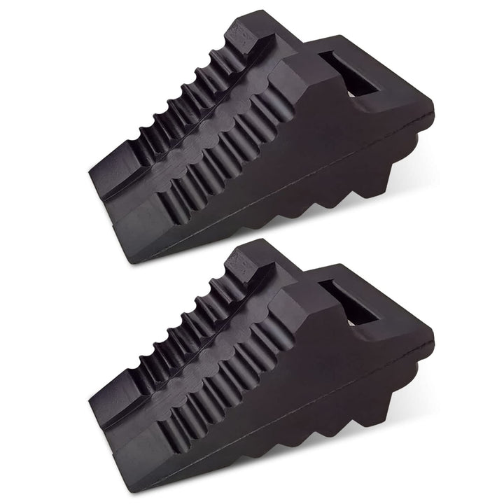 ROBLOCK front view of chock showing wedge shape and compact size for secure parking