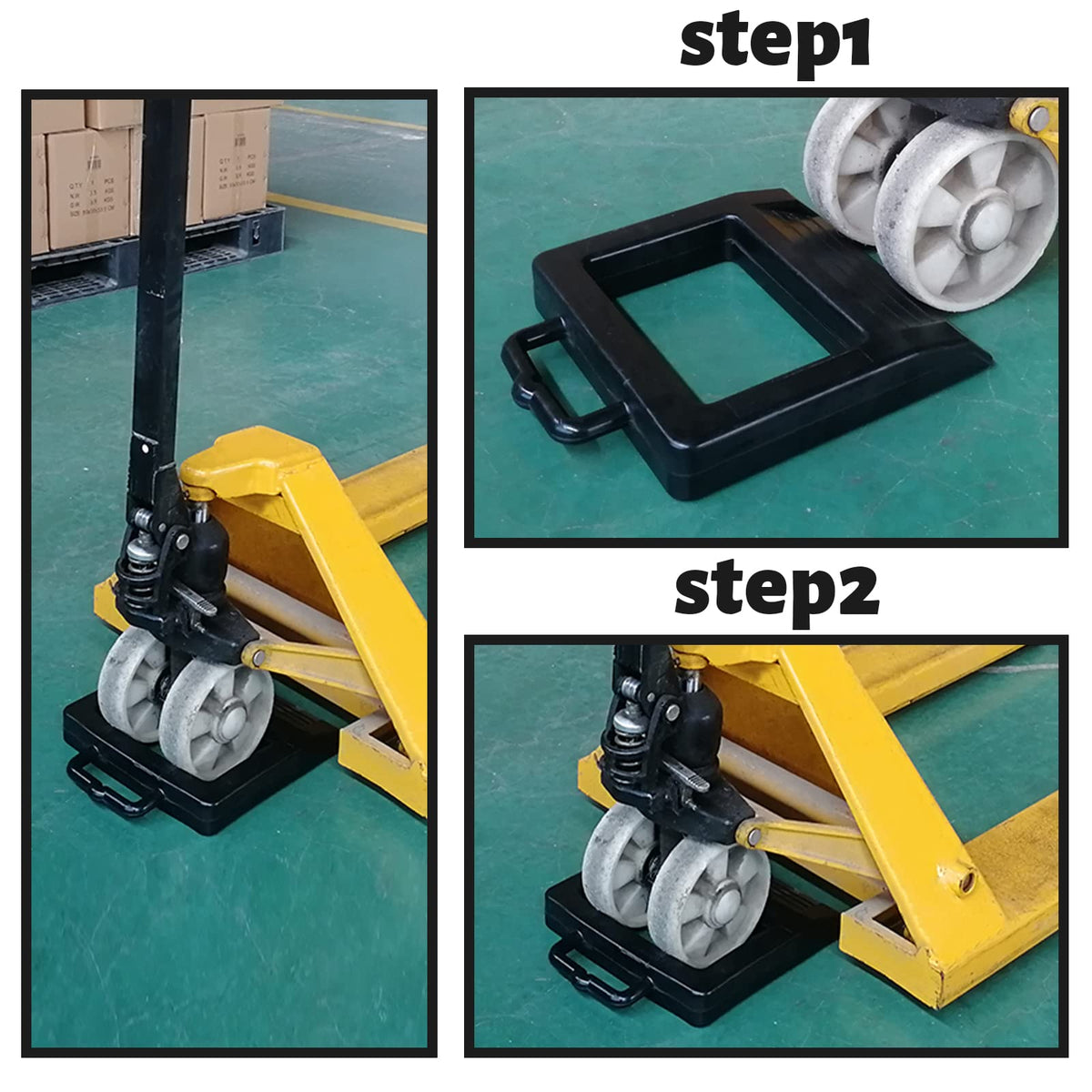 ROBLOck chock positioned behind pallet jack wheel in truck bed for secure transport