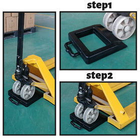 ROBLOck chock positioned behind pallet jack wheel in truck bed for secure transport