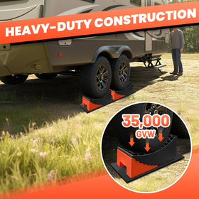 ROBLOK leveling blocks in use under camper wheel for safer setup benefit