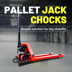 ROBLOCK chock holding pallet jack wheel on warehouse floor, increasing worker safety