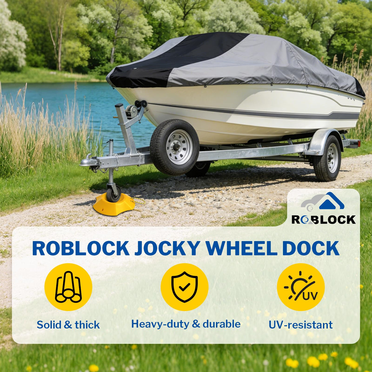 ROBLOCK installed under trailer wheel illustrating improved parking stability