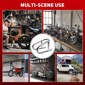 ROBLOCK in use with motorcycle front wheel aiding safe maintenance setup