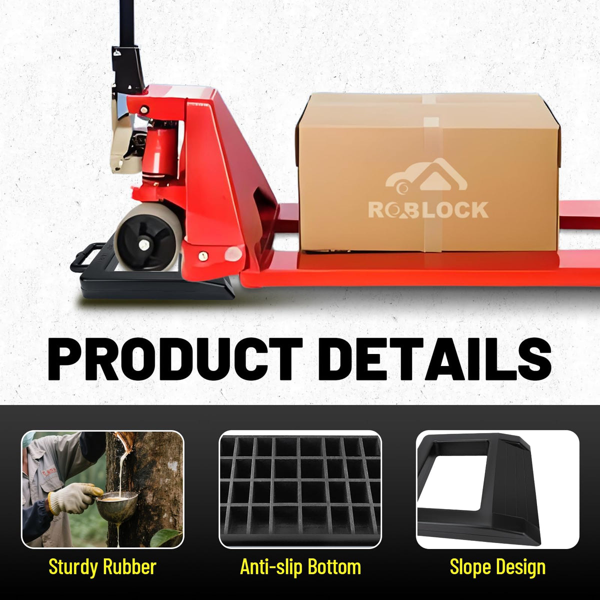 ROBLOCK chock placed inside truck bed securing pallet jack, reducing cargo movement