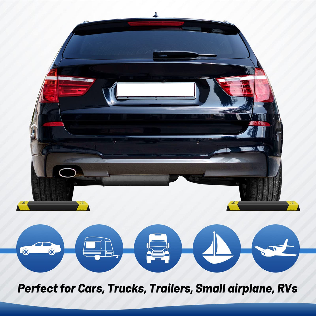 ROBLOK stopper placed under a tire demonstrating exact wheel stop location benefit
