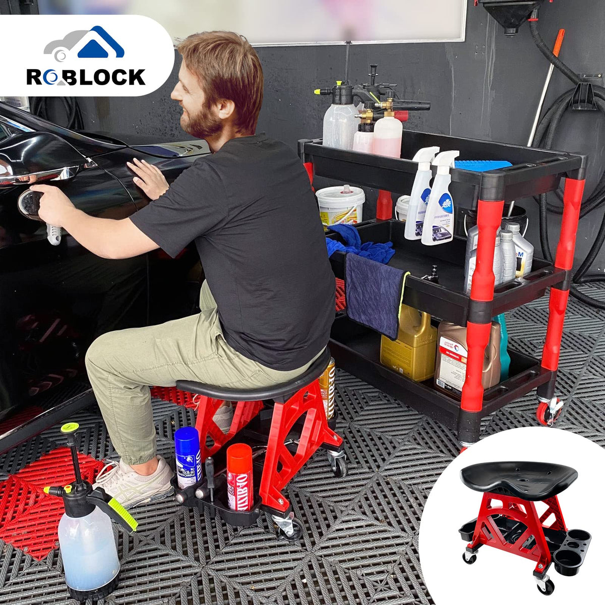 ROBLOCK stool loaded with hand tools demonstrating on-board organization and efficiency