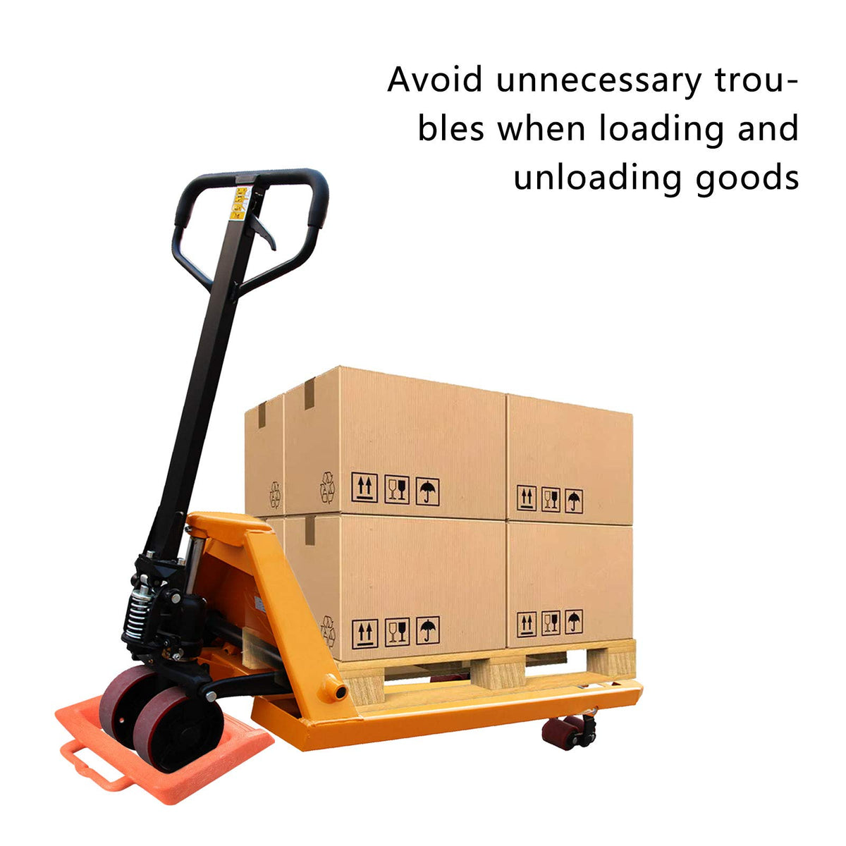 ROBLOck beside pallet jack wheel showing secure fit and stability