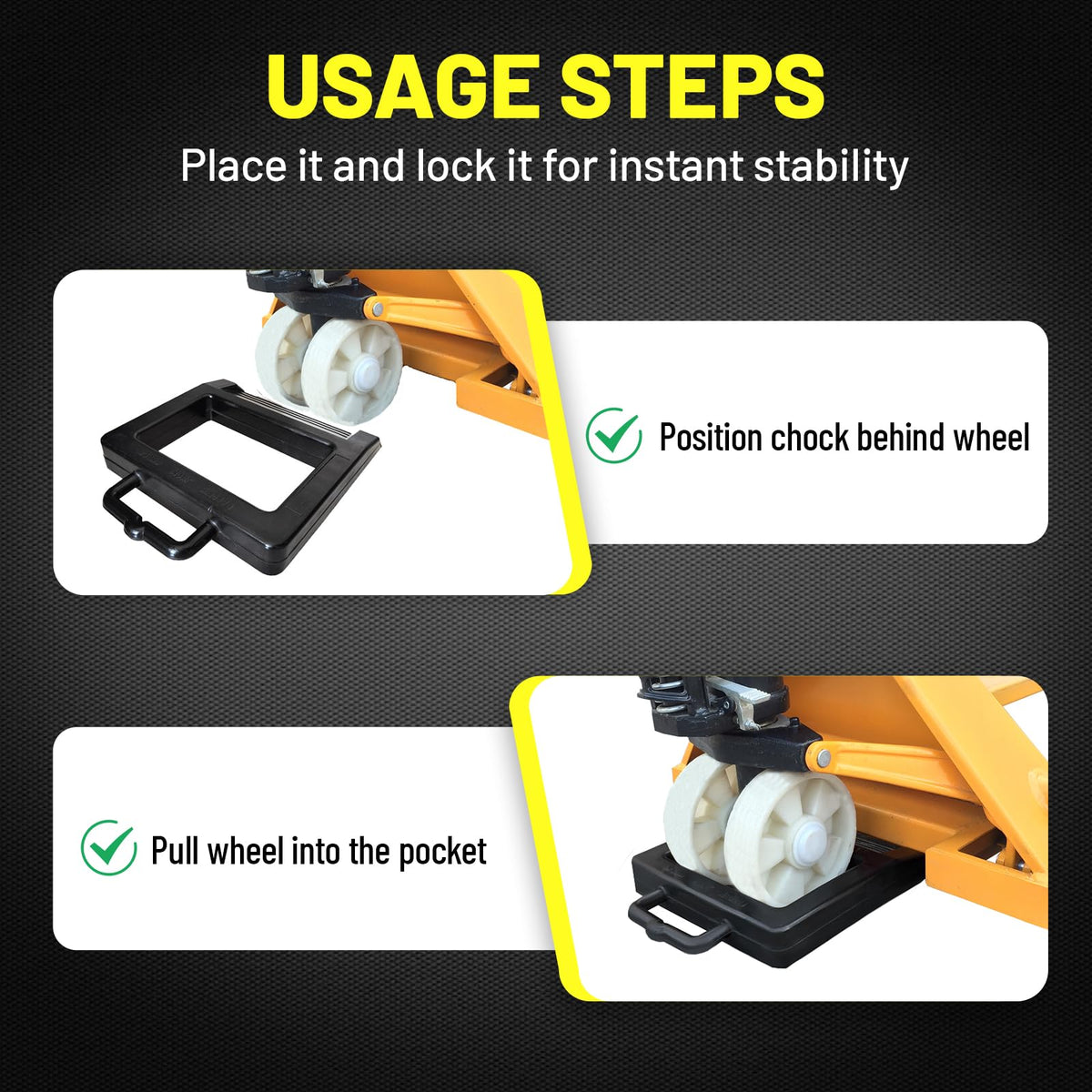 ROBLOCK next to pallet jack wheel showing size and fit for secure stopping