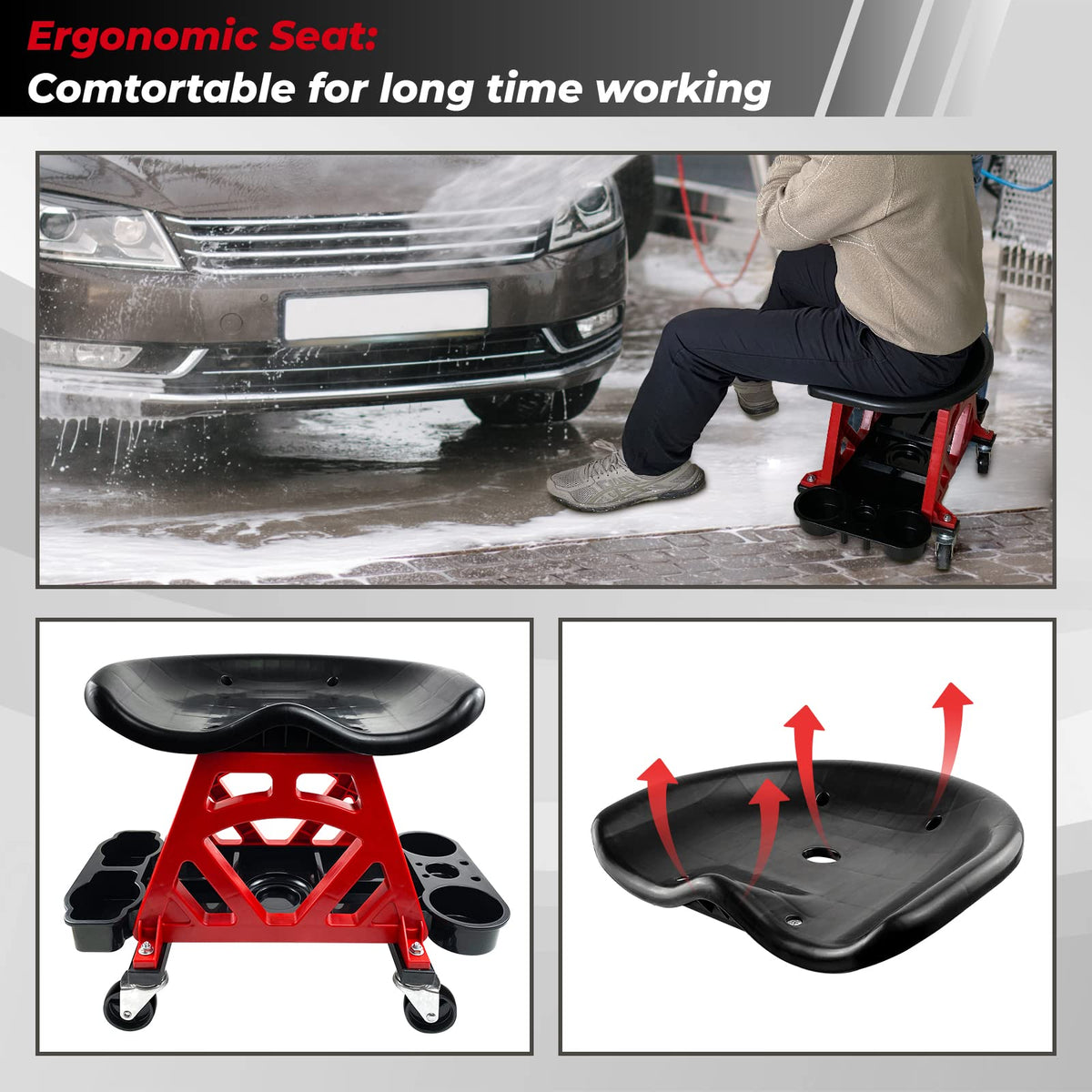 ROBLOCK stool in garage setting demonstrating practical use for auto repair and detailing