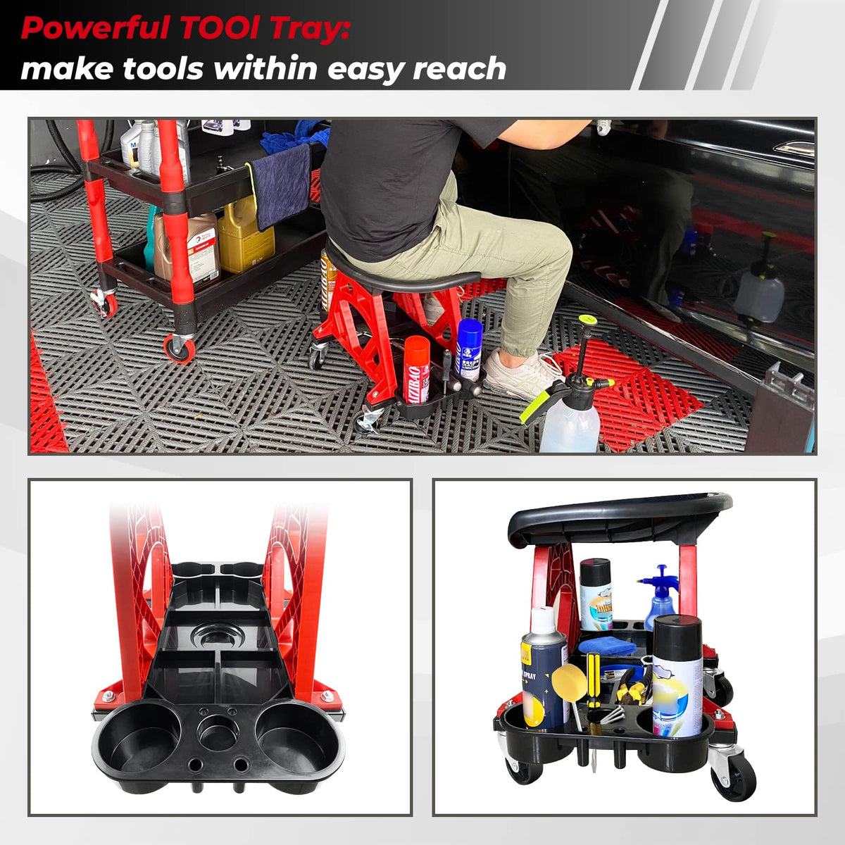 ROBLOCK underside tool tray detail showing compartments and cup holders for fast access