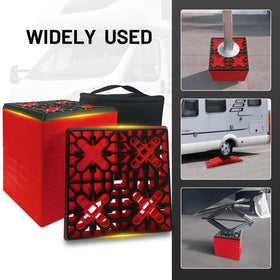 ROBLOCK block placed under RV tire showing improved leveling and safety