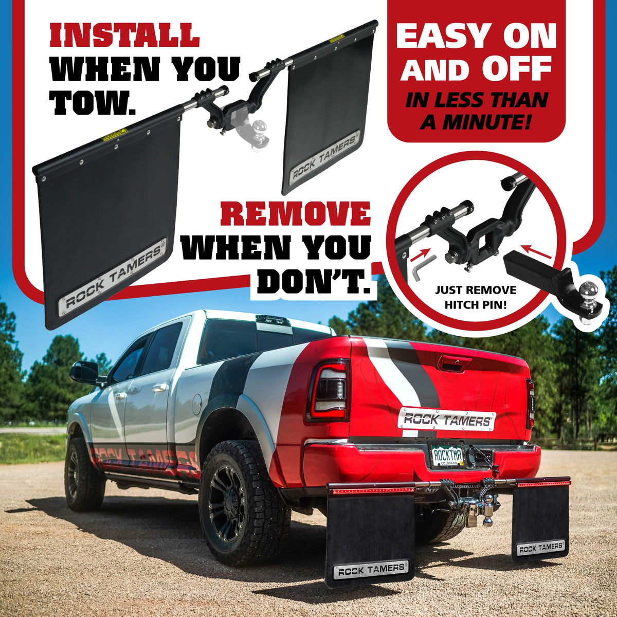 Rock Tamers profile on a 2" ball mount showing no-drill installation benefit