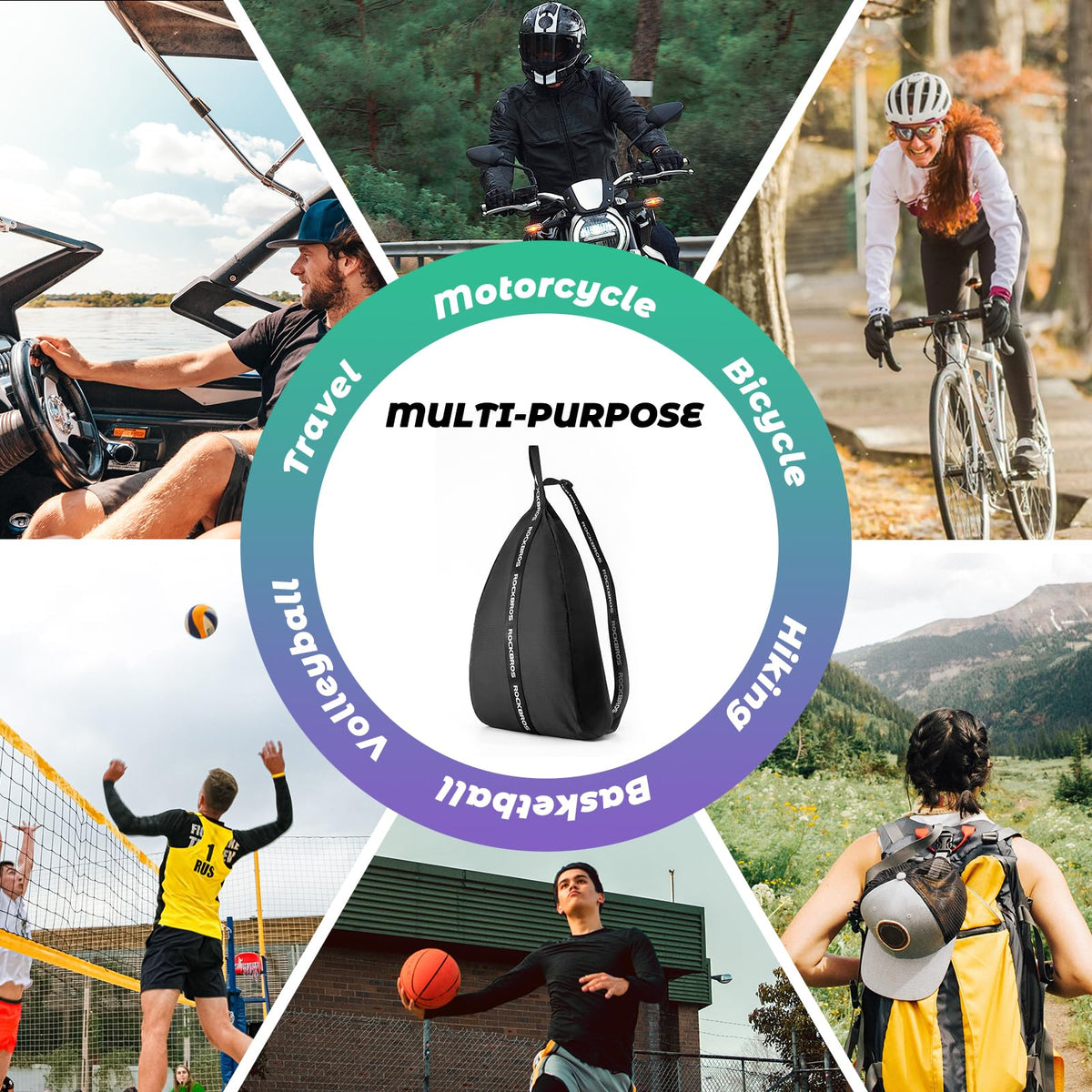 ROCKBROS backpack worn by commuter carrying helmet hands-free