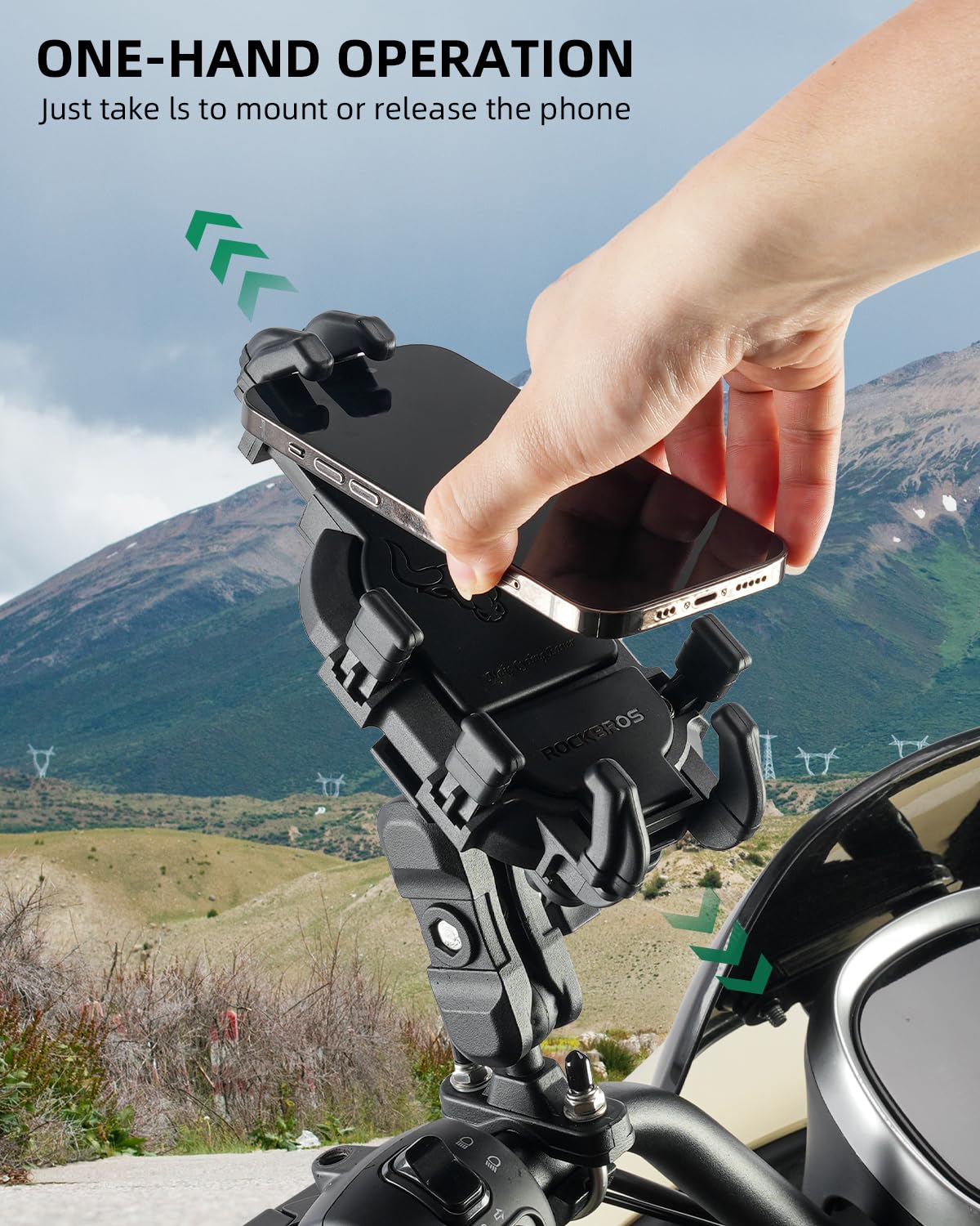 ROCKBROS mounted on motorcycle handlebar demonstrating secure ride visibility
